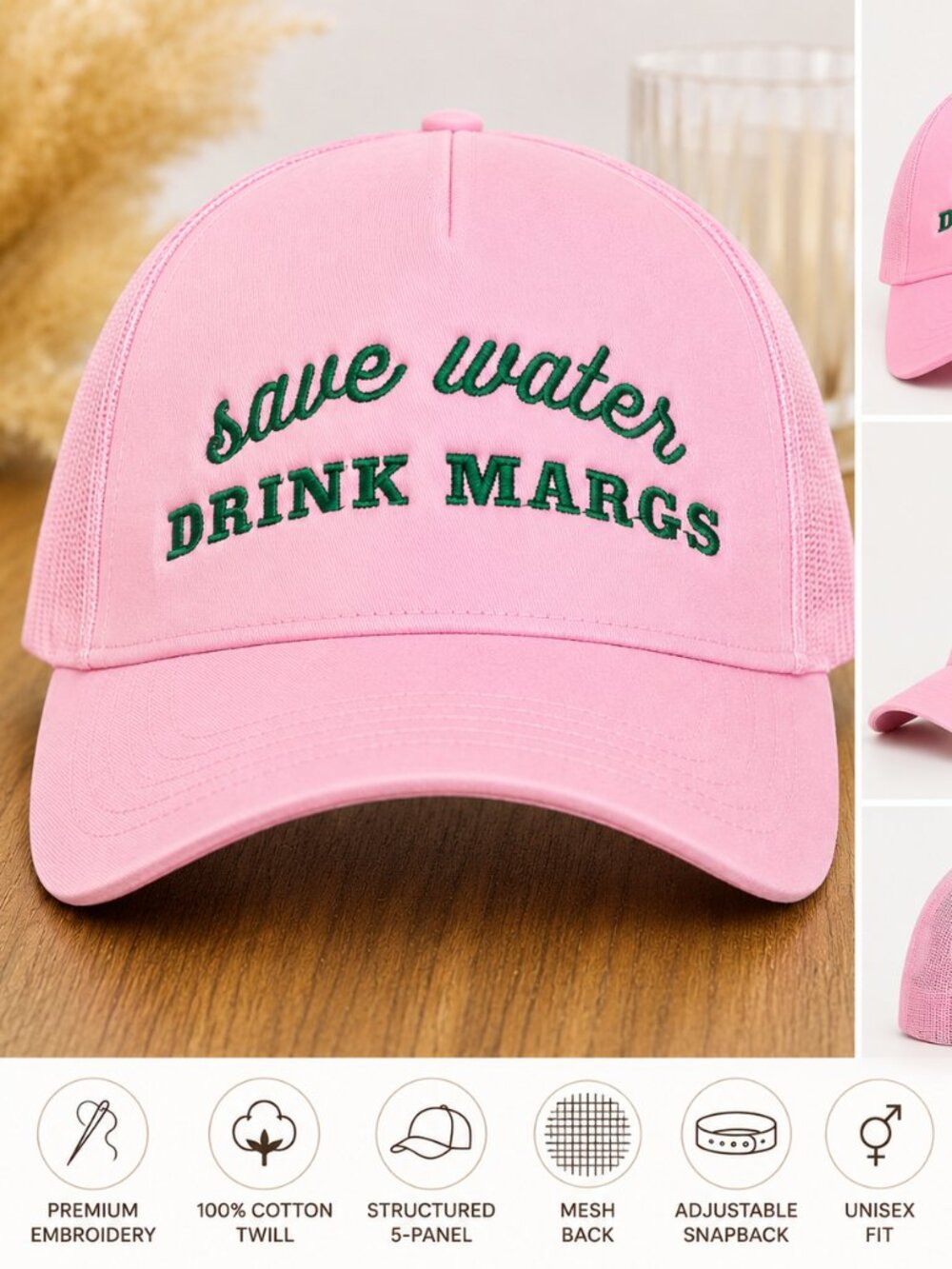 Pink 'Save Water Drink Margs' Boutique Embroidered Trucker Hat